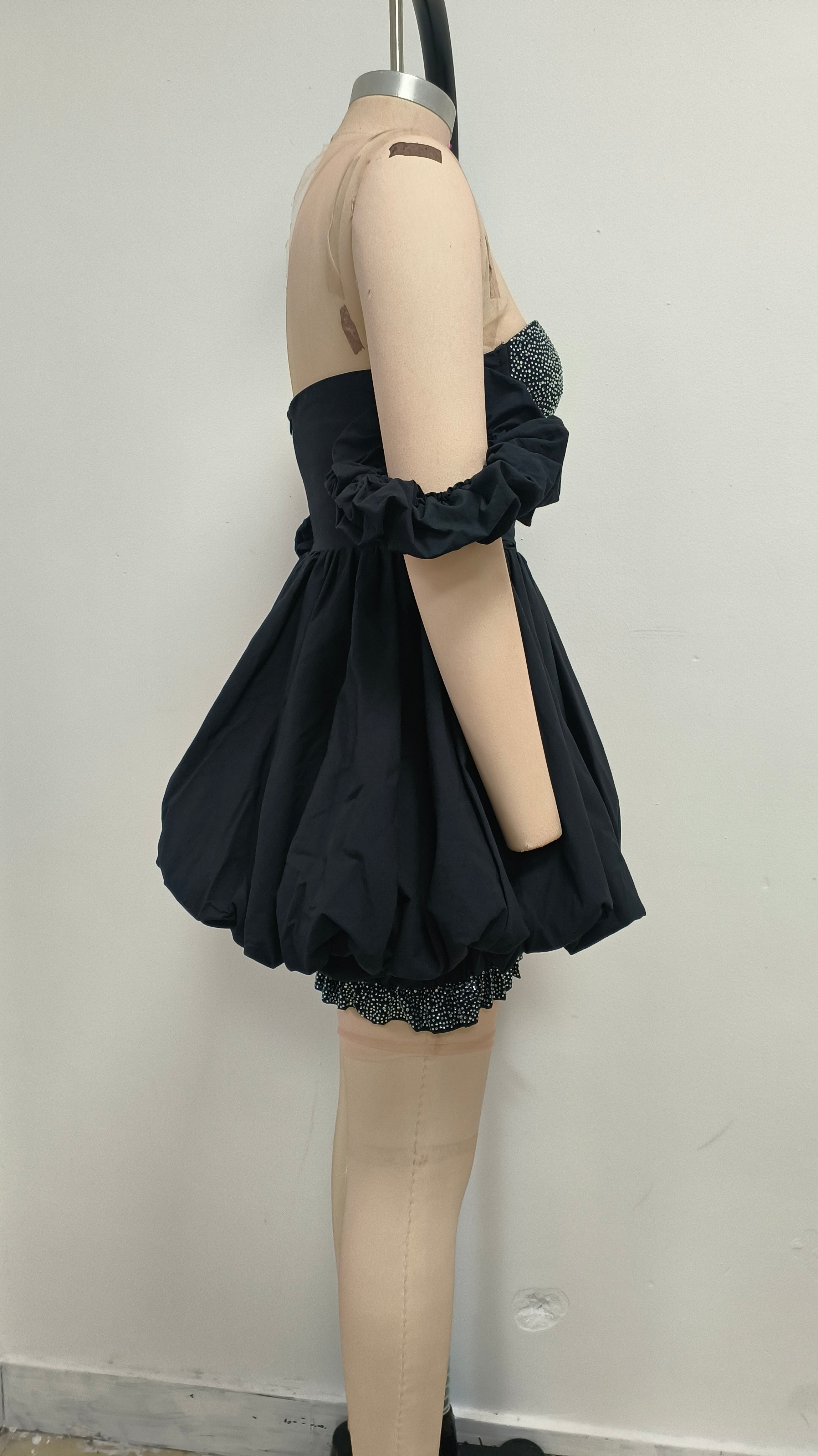 DELISE BLACK OFF-SHOULDER DIAMOND MINI DRESS