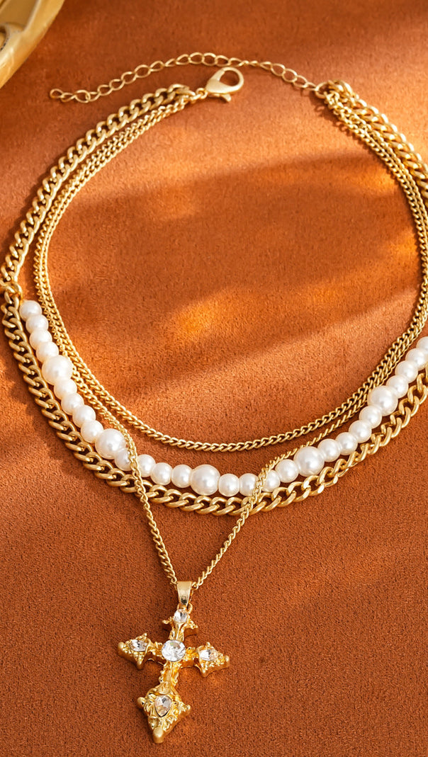 AIIZIE Jordyn Elegant Layered Pearl & Crystal Cross Necklace for Women - product image