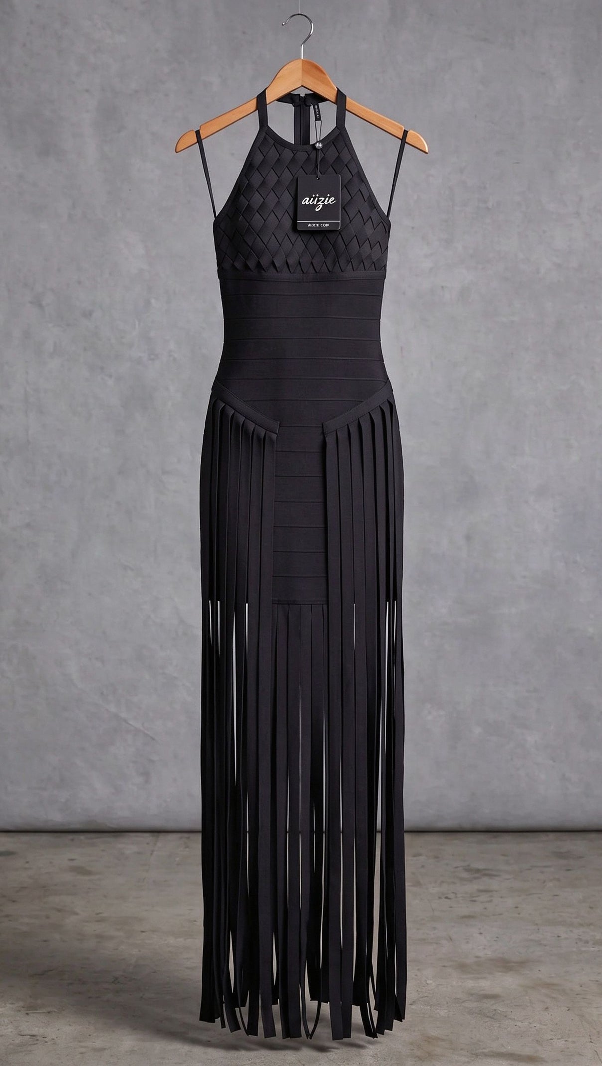 Black Bandage Knit Bodycon Gown with Fringe Overlay