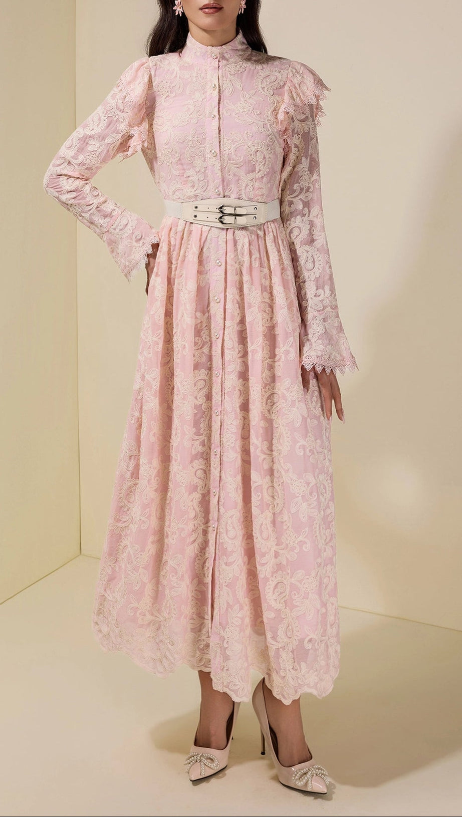 alma Chiffon Embroidered Single Breasted Midi Dress With Belt - pink
