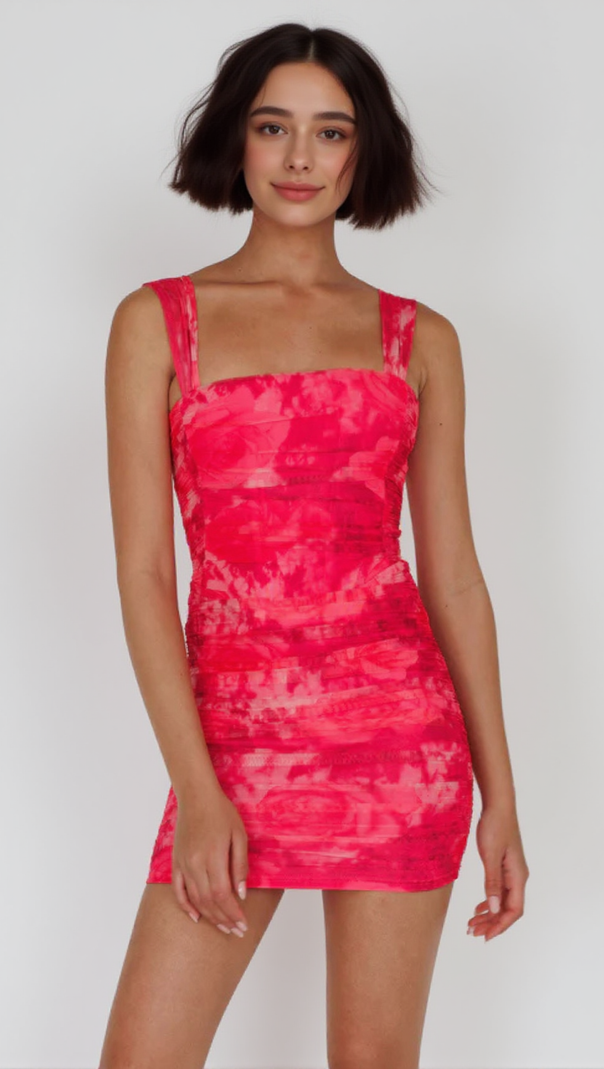 AIIZIE FLORAL RUCHED MINI DRESS IN PINK - product image