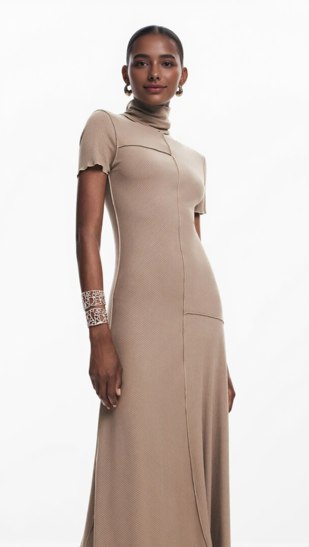 AIIZIE CAMEL BODYCON MIDI DRESS WITH HIGH NECK - product image
