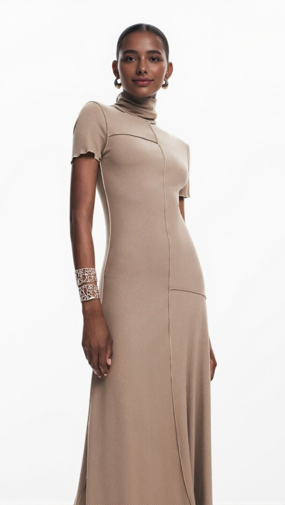 CAMEL BODYCON MIDI DRESS WITH HIGH NECK