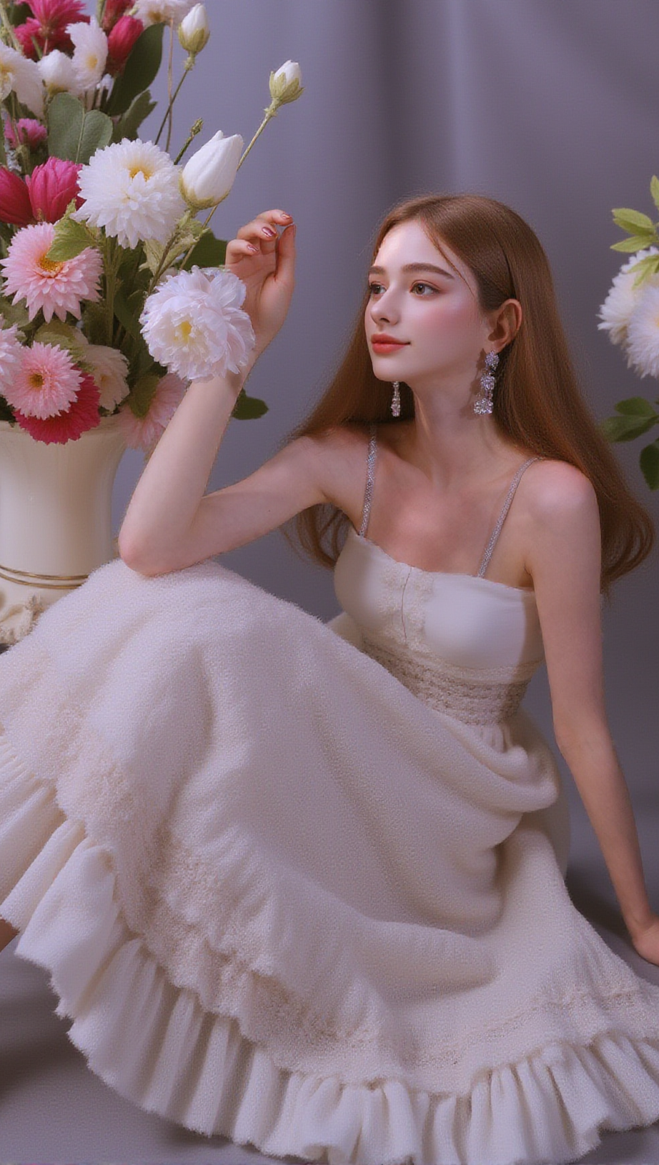 STEREOSCOPIC FLOWER RHINESTONE CHAIN MAXI DRESS IN WHITE