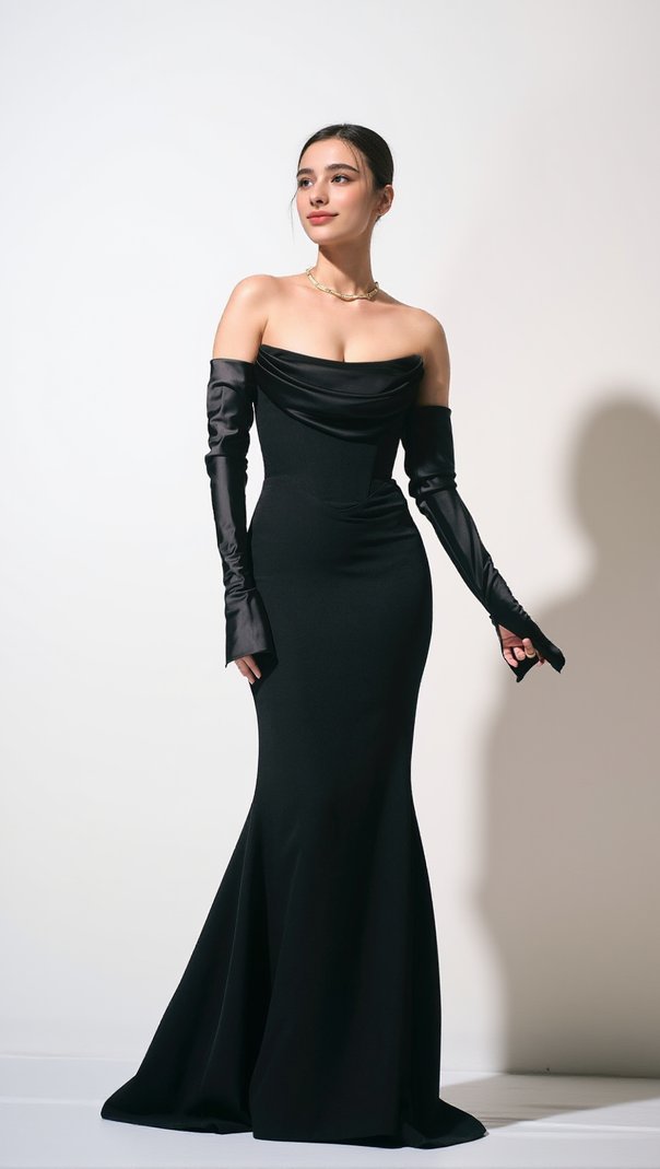 AIIZIE OFF-SHOULDER LONG-SLEEVED BLACK DRESS - product image