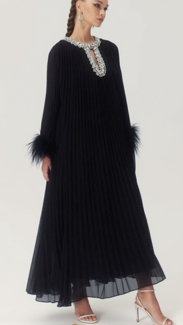 AIIZIE MANJA DIAMANTE CHIFFON FEATHER MAXI DRESS - BLACK - product image