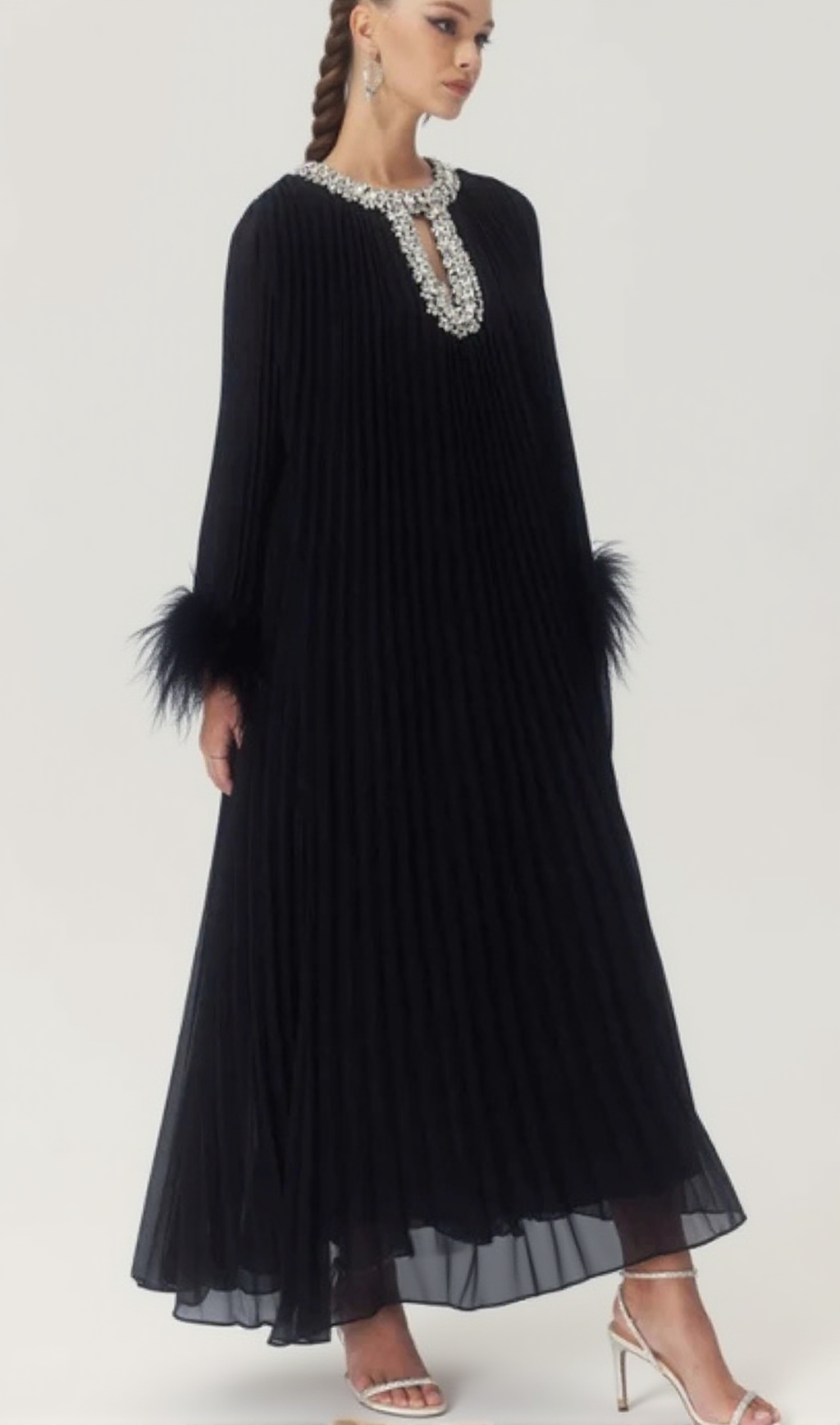 MANJA DIAMANTE CHIFFON FEATHER MAXI DRESS - BLACK