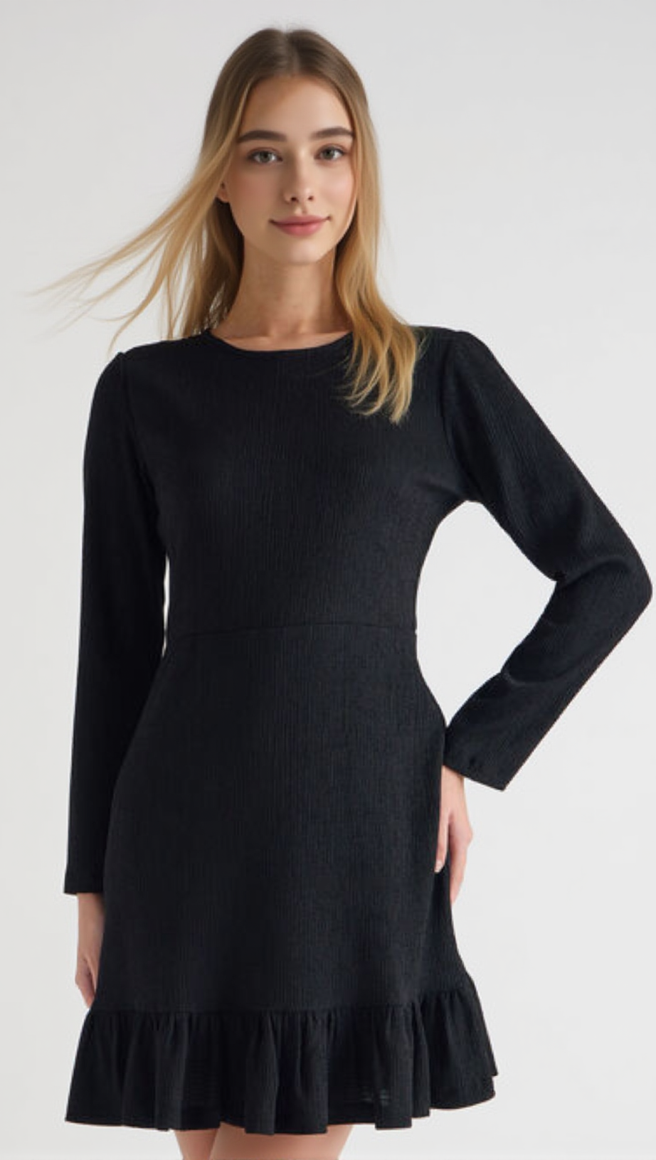 KNITTED SHEER FLARED MINI DRESS IN BLACK