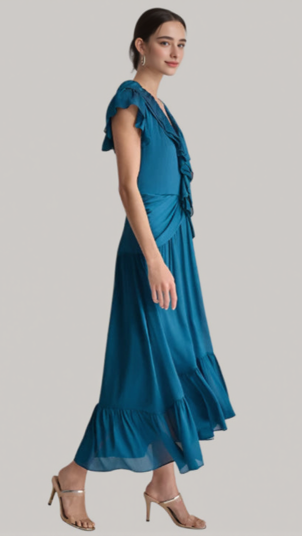 AIIZIE RUFFLED CRINKLE-TEXTURED MAXI DRESS IN DARK BLUE - product image