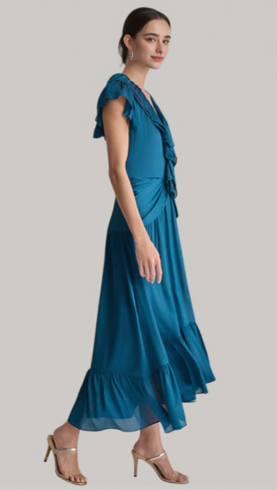 RUFFLED CRINKLE-TEXTURED MAXI DRESS IN DARK BLUE