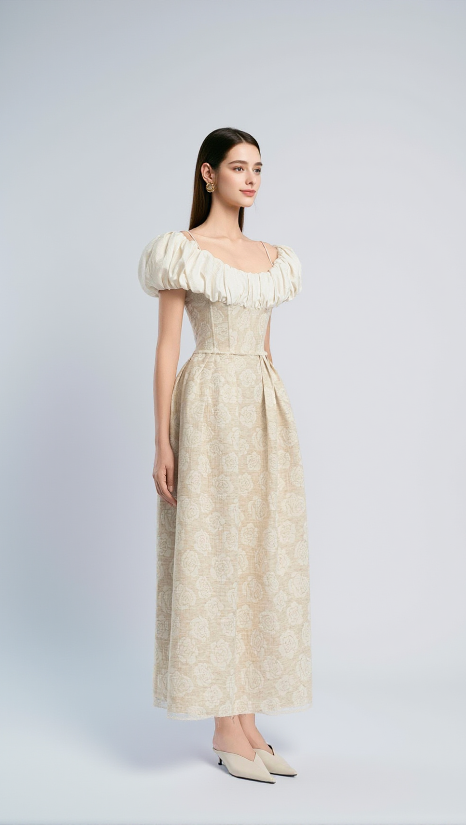 BOAT NECK CORSET MAXI DRESS IN BEIGE
