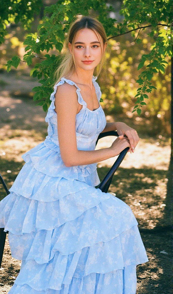 Light blue suspender cake maxi dress