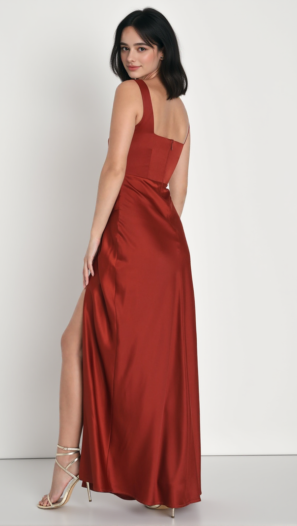 AIIZIE RED CARPET ROMANCE RUST ORANGE SATIN SQUARE NECK MAXI DRESS - product image