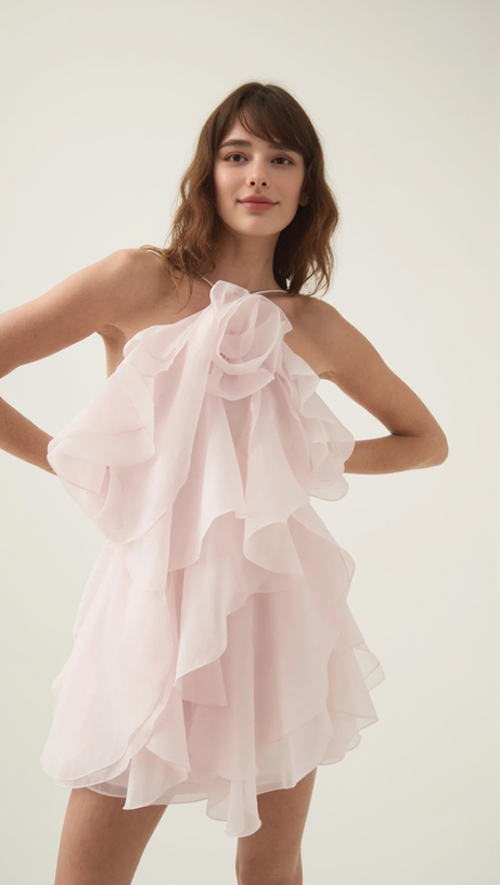 LORRAINE HALTER FLORAL RUFFLE LAYERED MINI DRESS IN PINK