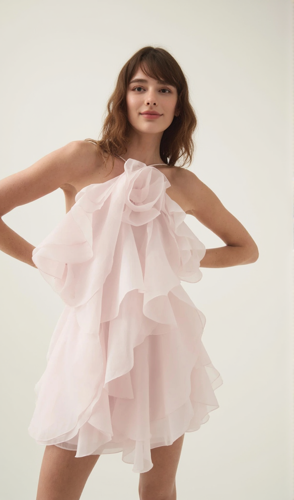 AIIZIE LORRAINE HALTER FLORAL RUFFLE LAYERED MINI DRESS IN PINK - product image