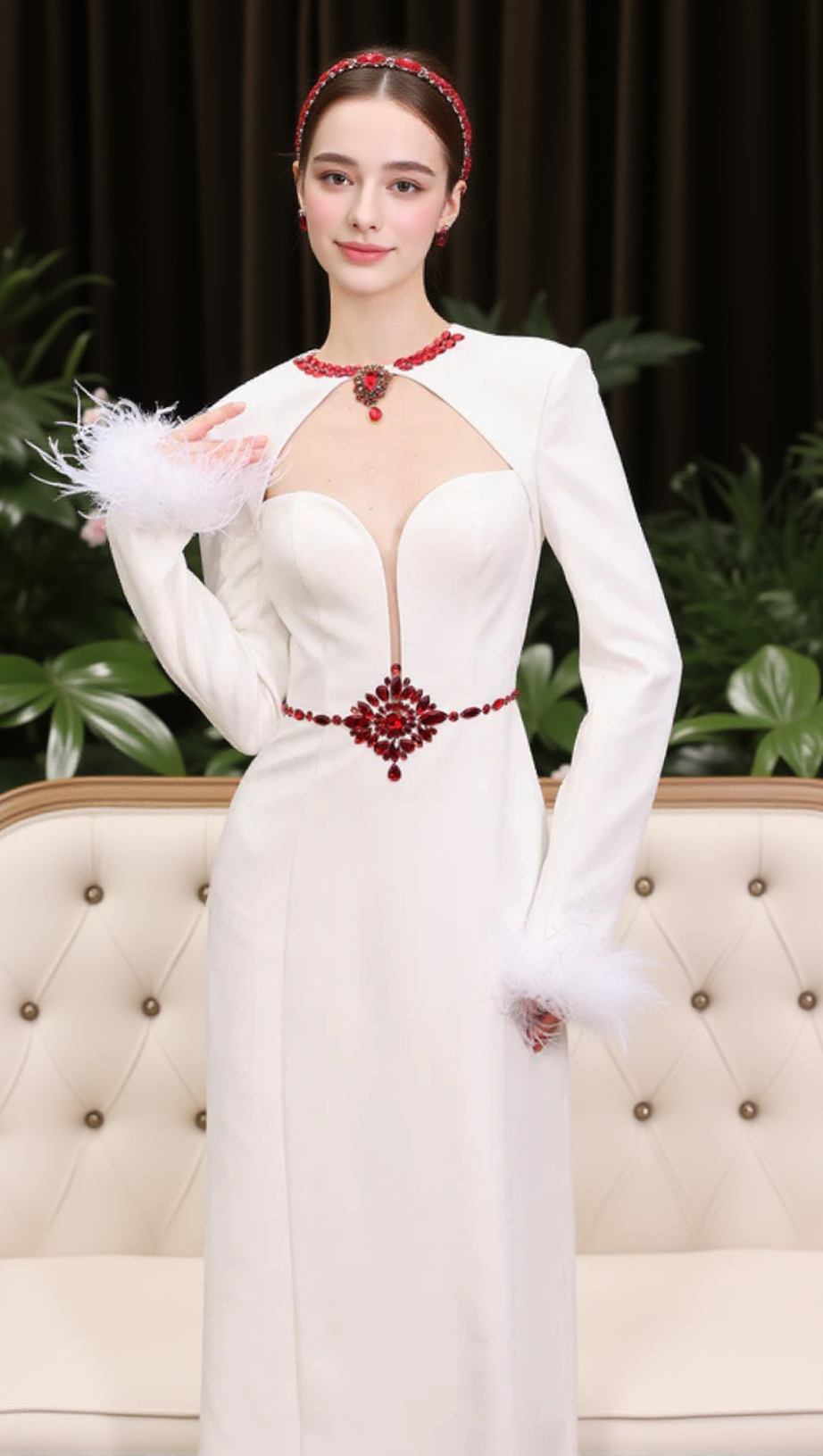 RHINESTONE CUT-OUT FEATHER MIDI DRESS IN WHITE