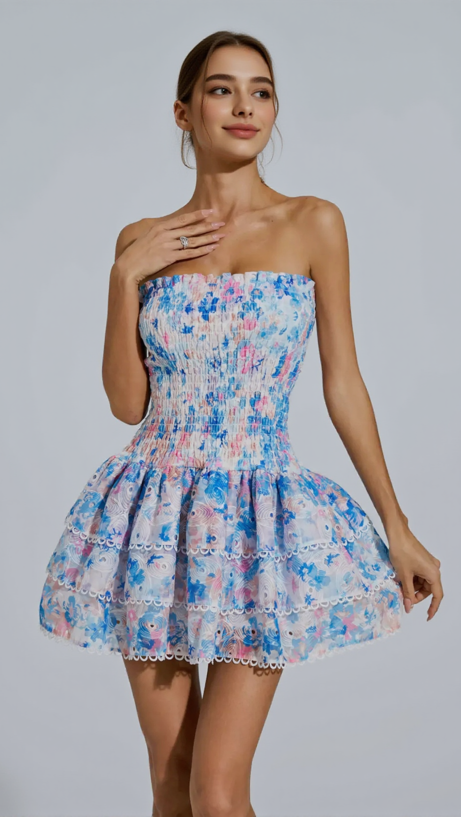 BLUE FLORAL RUCHED STRAPLESS MINI DRESS