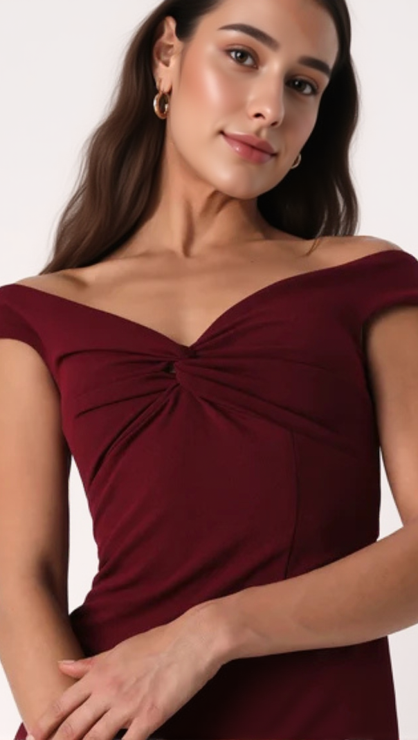 AIIZIE BEHOLD MY LOVE BURGUNDY OFF-THE-SHOULDER TWIST-FRONT MAXI DRESS - product image