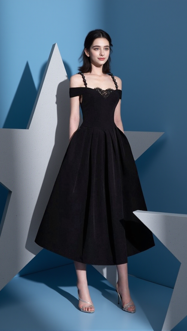 AIIZIE AMY LACE V-NECK PEARL STRAP MIDI MIDI DRESS IN BLACK - product image
