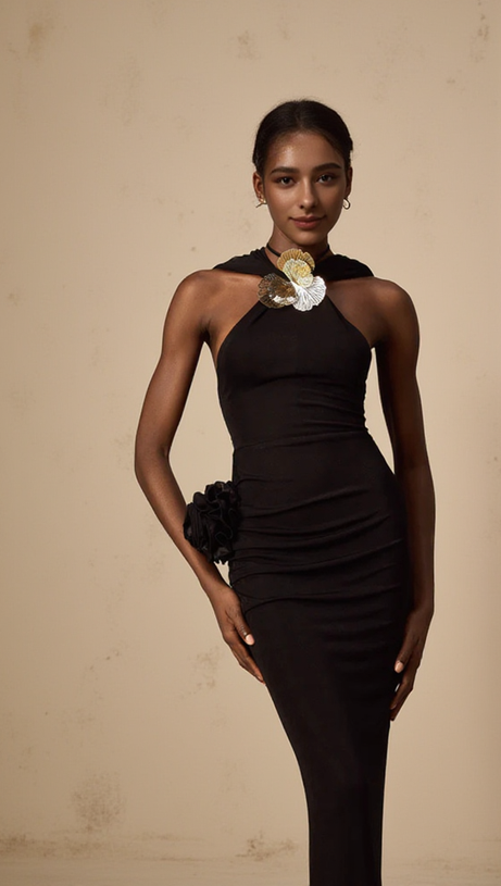 ABITO MIDI CON CAPPUCCIO E FIORI 3D IN METALLO TAMMY NERO