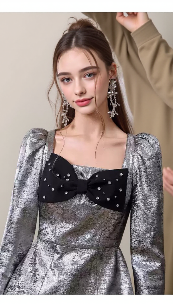 AIIZIE CAMREN SILVER LONG SLEEVE BOW MINI DRESS - product image