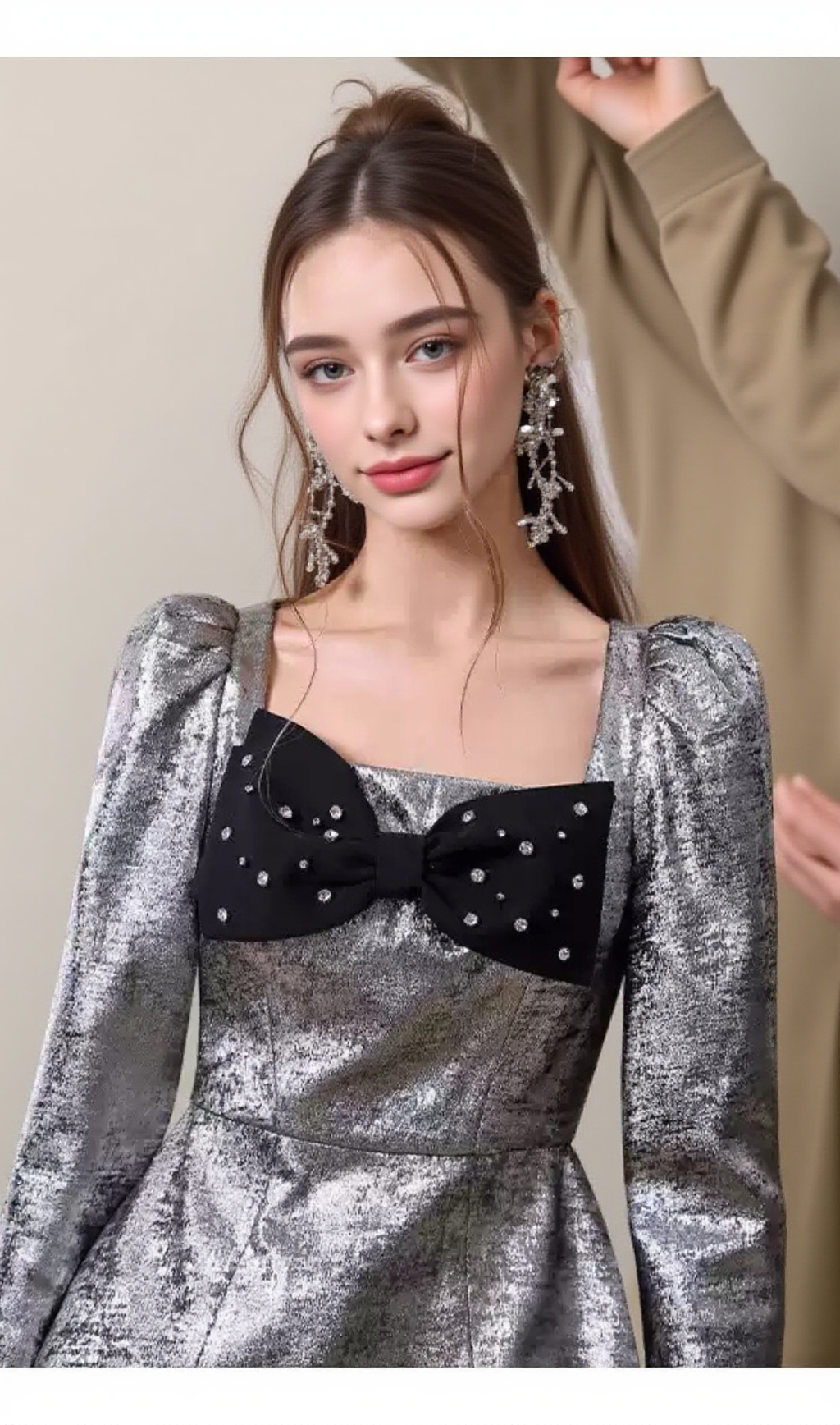 AIIZIE CAMREN SILVER LONG SLEEVE BOW MINI DRESS - product image