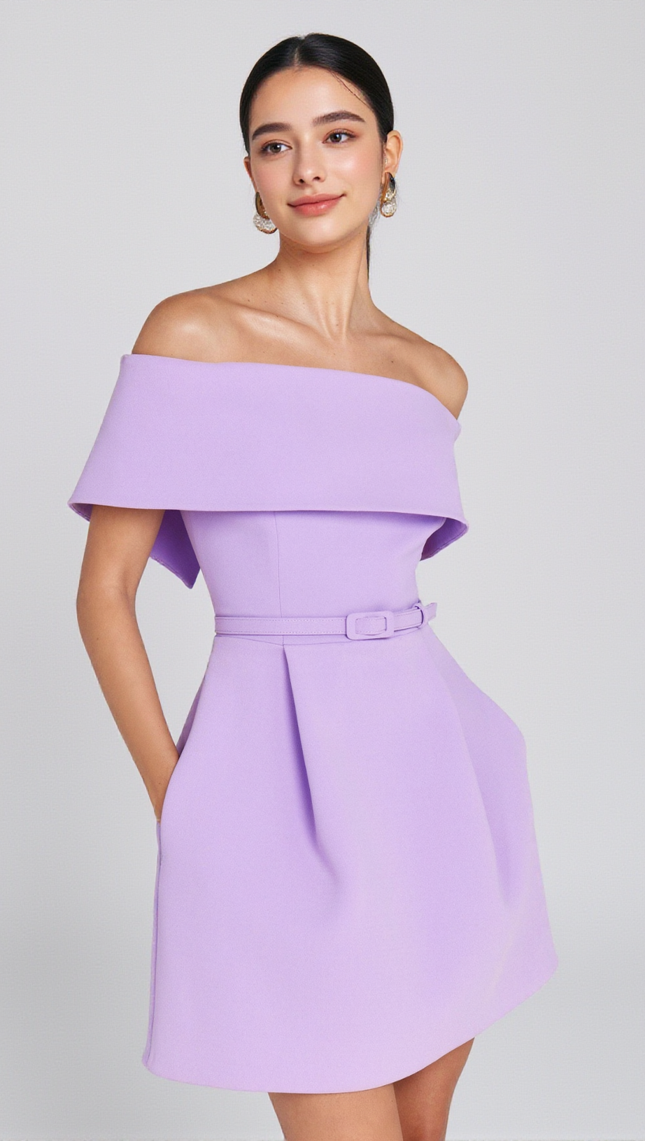 MINI ABITO A TRAPEZIO CON CINTURA E SPALLE SCOPERTE VIOLA