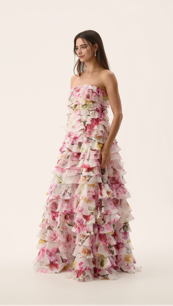 AIIZIE YETTA STRAPLESS FLORAL PRINTED LAYERED MAXI DRESS - product image