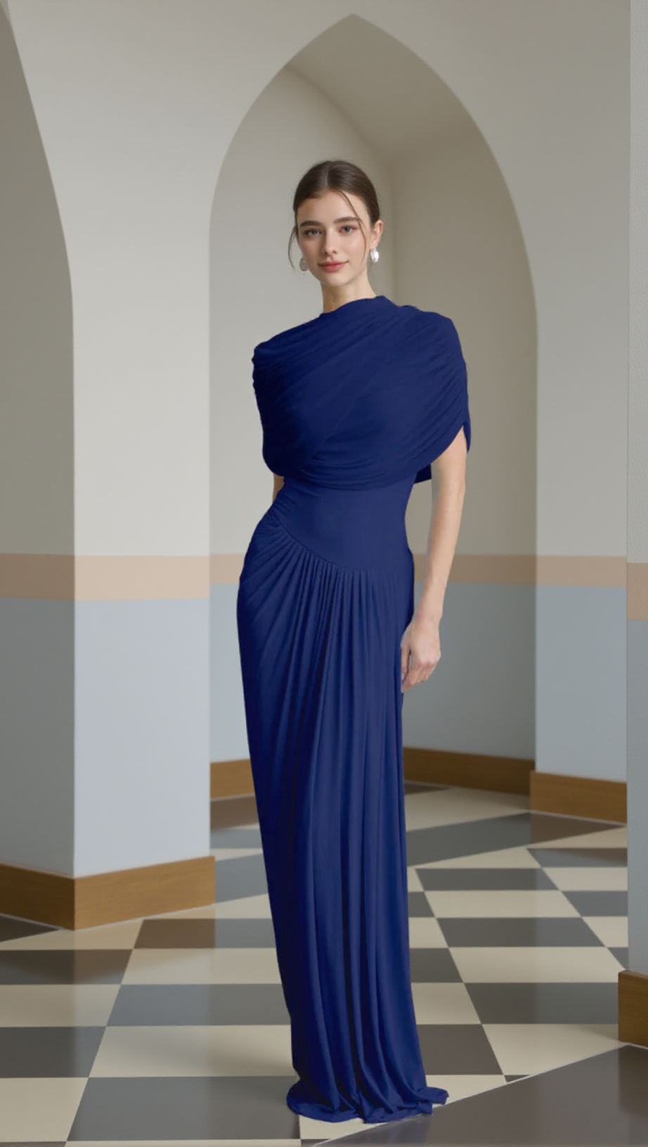 AAKIFA ASYMMETRIC DRAPED MAXI DRESS IN NAVY BLUE