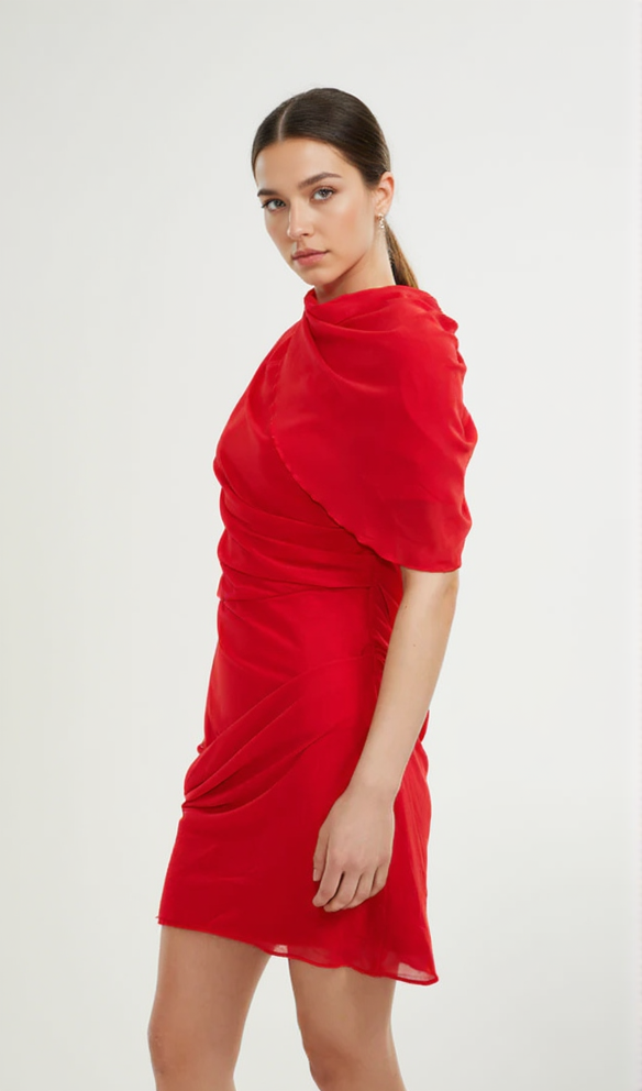 AIIZIE CLARABELLE RUCHED DRAPED MINI DRESS IN RED - product image
