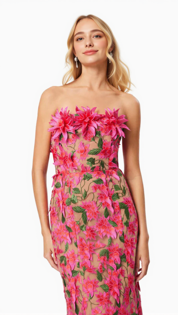 AIIZIE 3D FLOWER EMBROIDERY STRAPLESS MIDI DRESS IN ROSE RED - product image