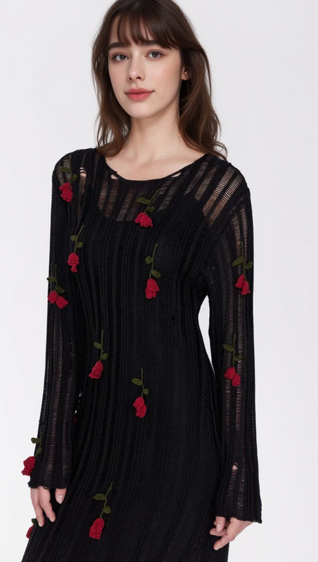 HILARIA ROSE HANDCRAFTED KNIT MIDI DRESS IN BLACK