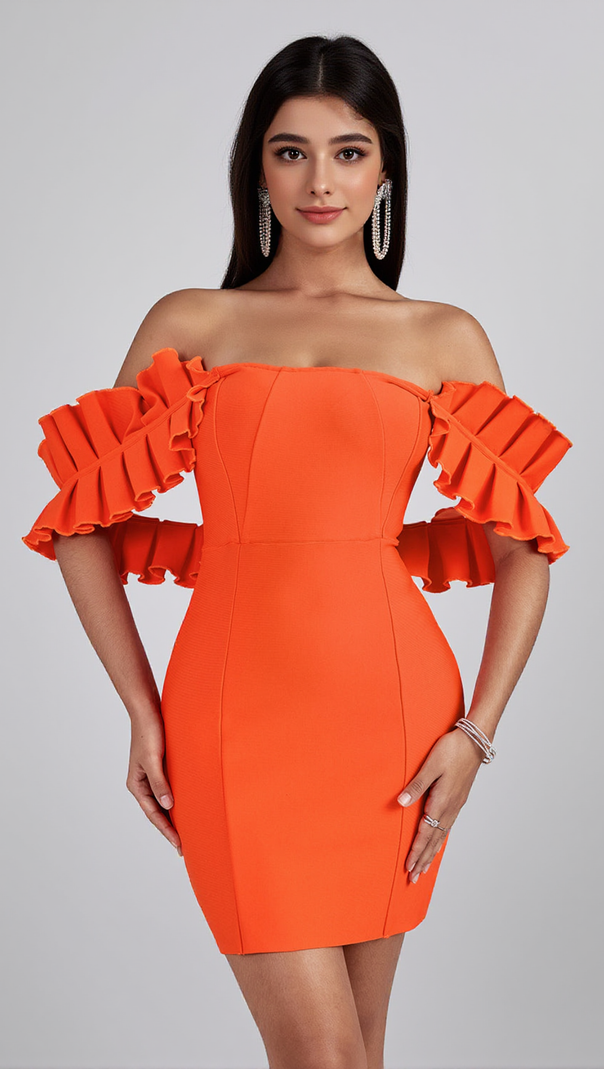 AIIZIE OFF SHOULDER MINI BANDAGE DRESS IN ORANGE - product image