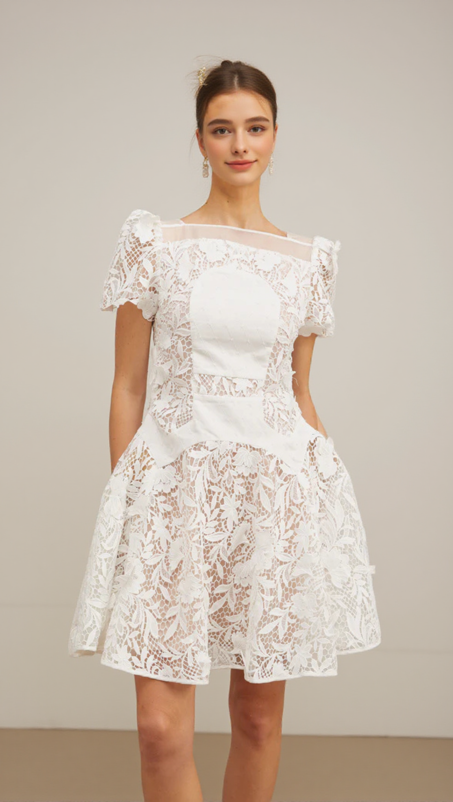 ROSE SLEEVE LACE HOLLOW MINI DRESS IN WHITE