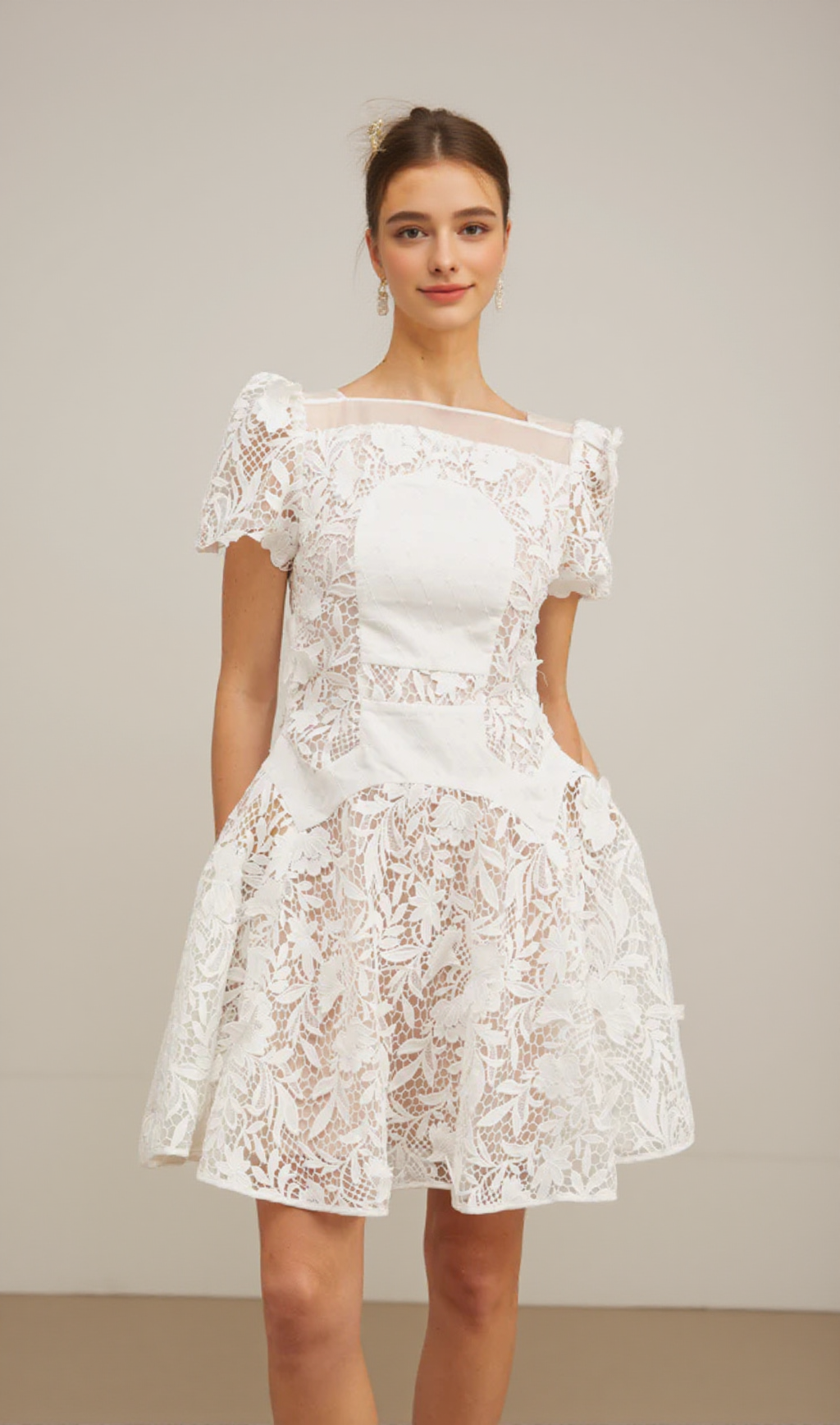 ROSE SLEEVE LACE HOLLOW MINI DRESS IN WHITE