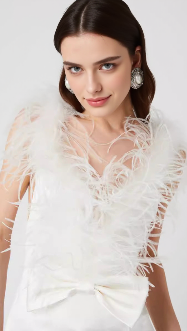 AIIZIE SIBYL FEATHER SLEEVELESS MIDI DRESS IN WHITE - product image