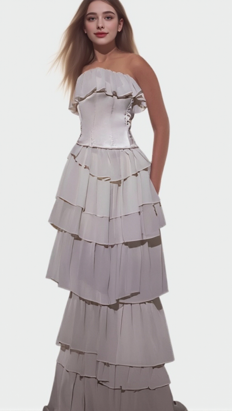 STRAPLESS RUCHED MESH MAXI DRESS IN WHITE