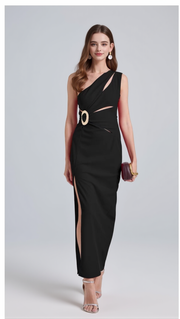 AIIZIE ONE-SHOULDER CUTOUT SIDE SLIT MAXI DRESS IN BLACK - product image