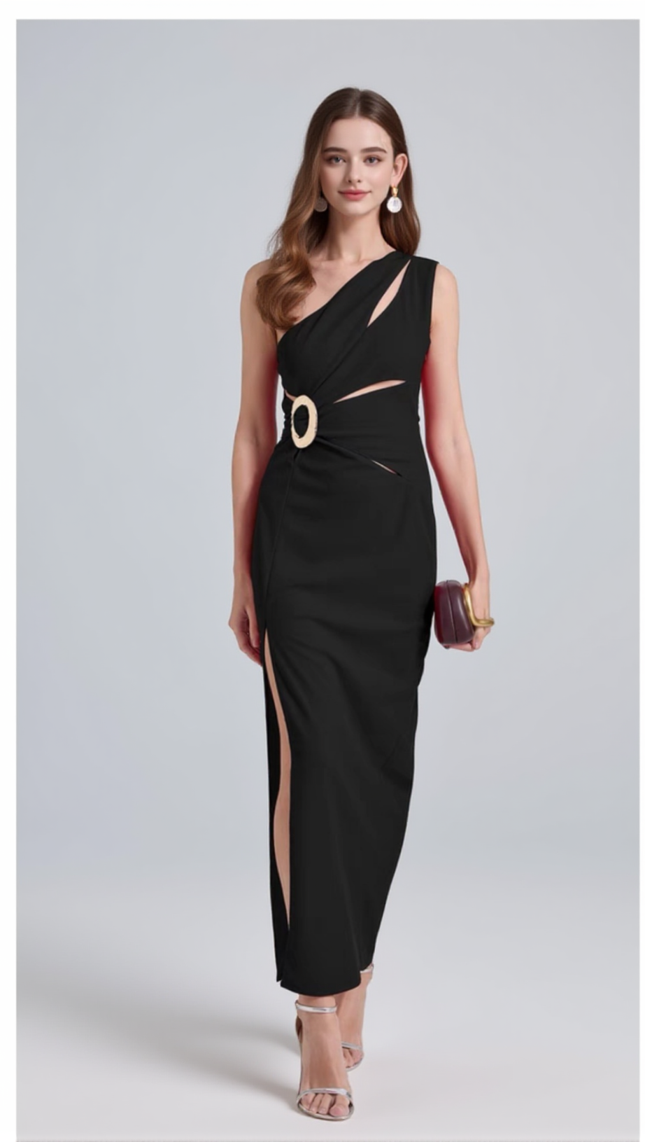 ONE-SHOULDER CUTOUT SIDE SLIT MAXI DRESS IN BLACK