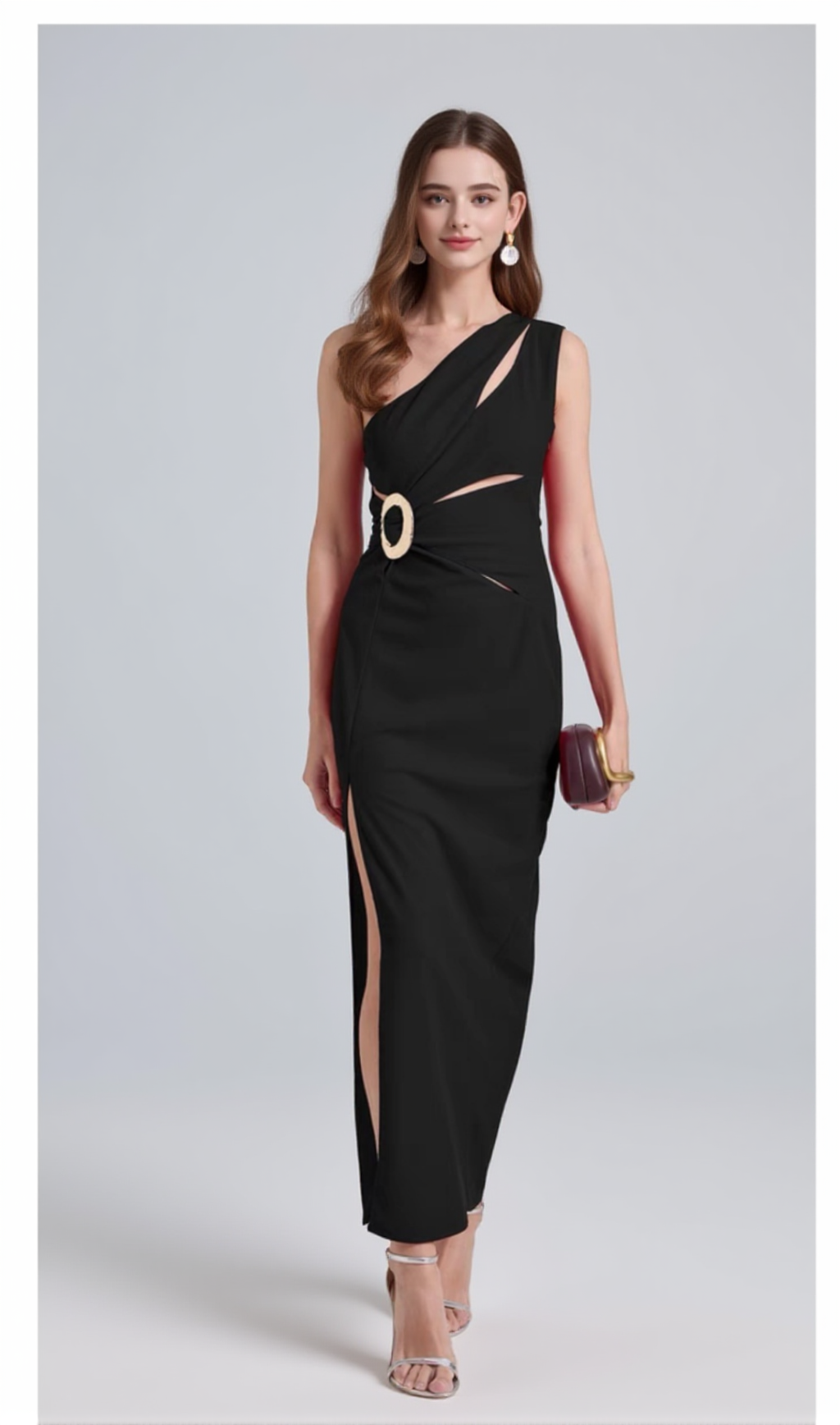ONE-SHOULDER CUTOUT SIDE SLIT MAXI DRESS IN BLACK
