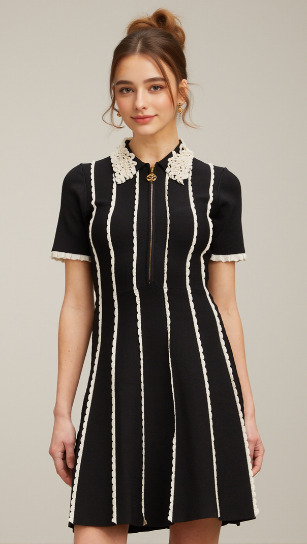AIIZIE ZAZIE BLACK VERTICAL-STRIPED RUFFLE-TRIM KNIT MINI DRESS - product image