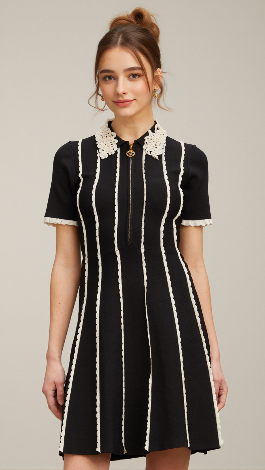 ZAZIE BLACK VERTICAL-STRIPED RUFFLE-TRIM KNIT MINI DRESS