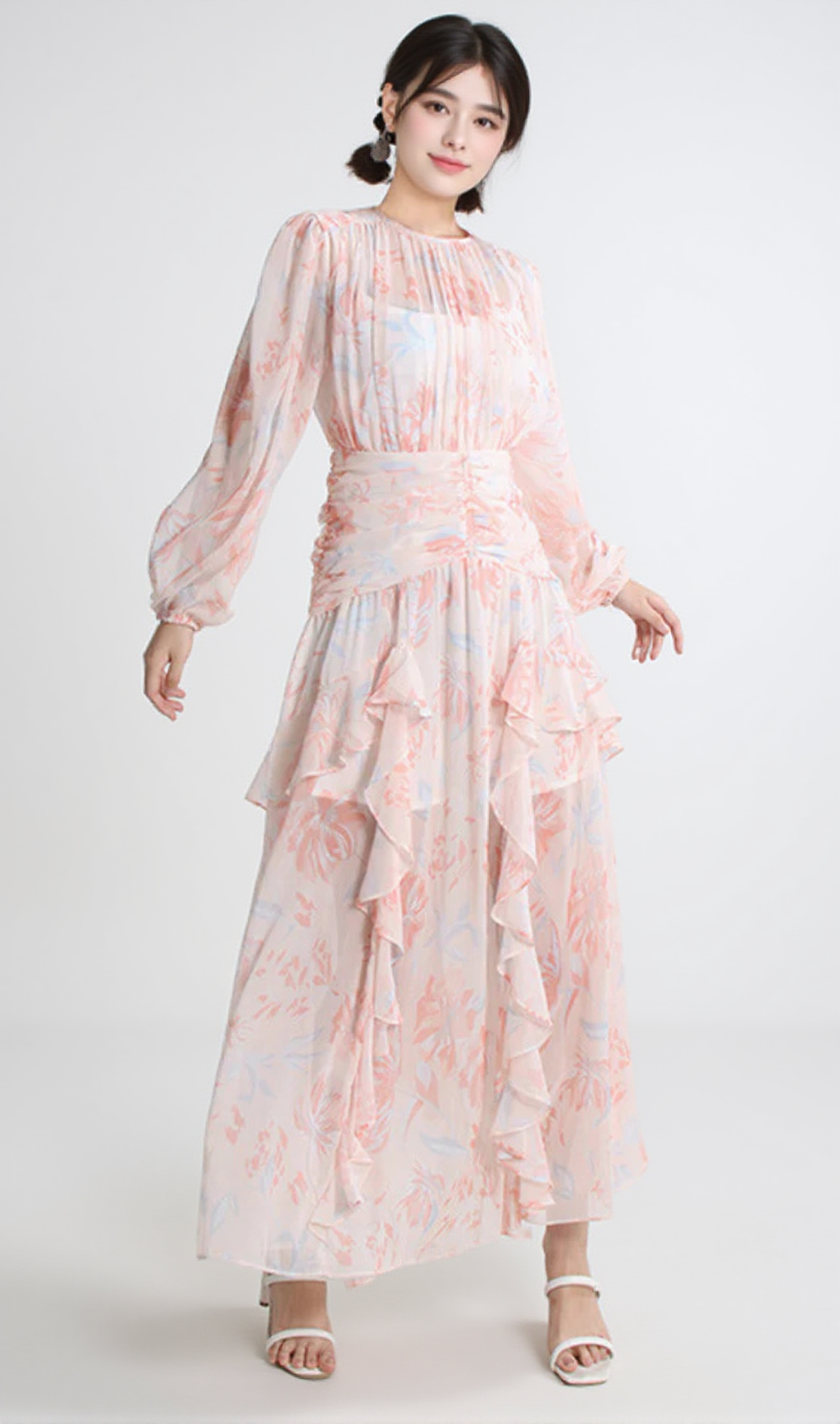 PUFF LONG SLEEVE TIERED RUFFLE HEM MAXI DRESS IN PINK
