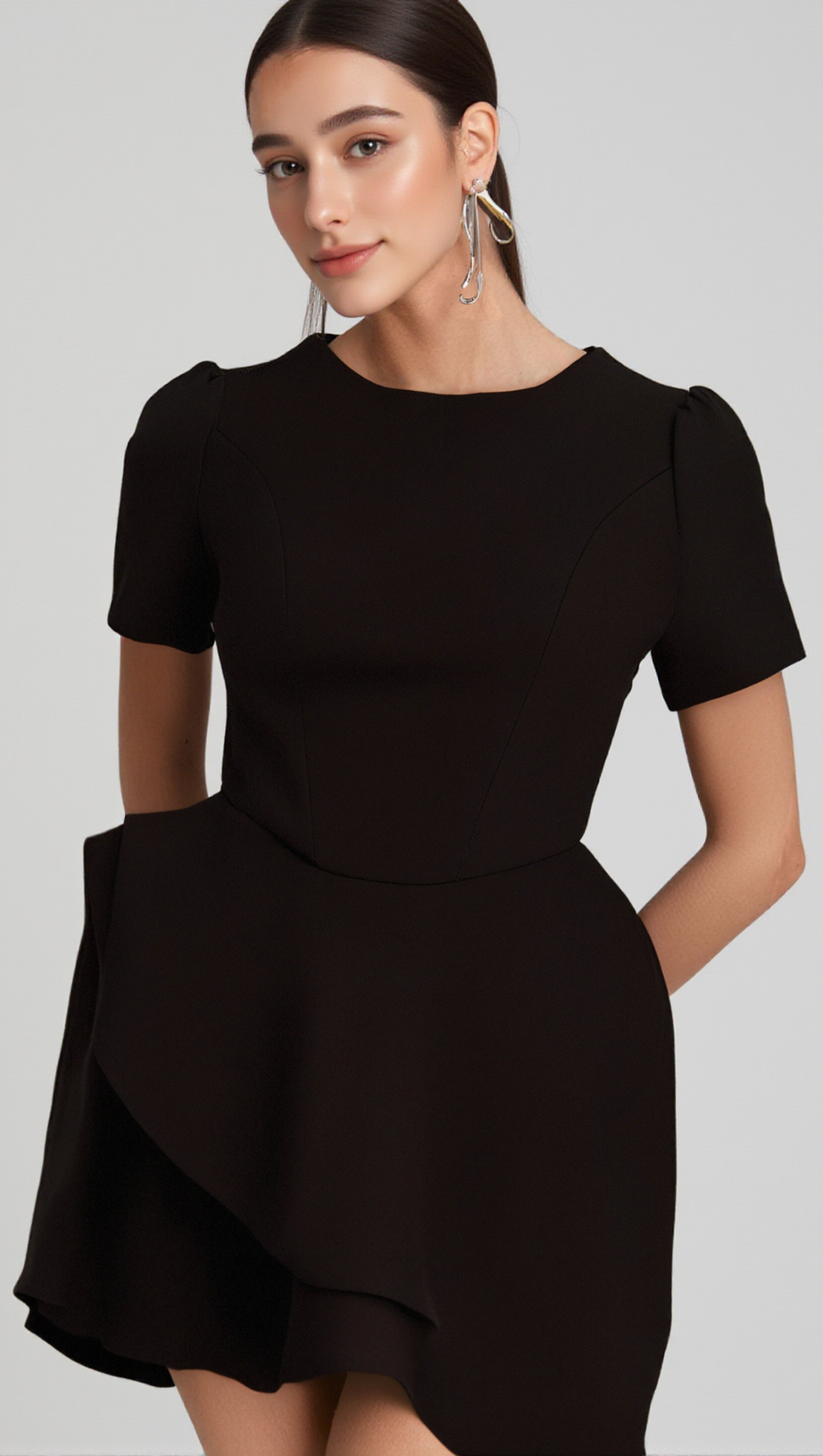 EMMA BLACK ASYMMETRIC RUFFLED MINI DRESS