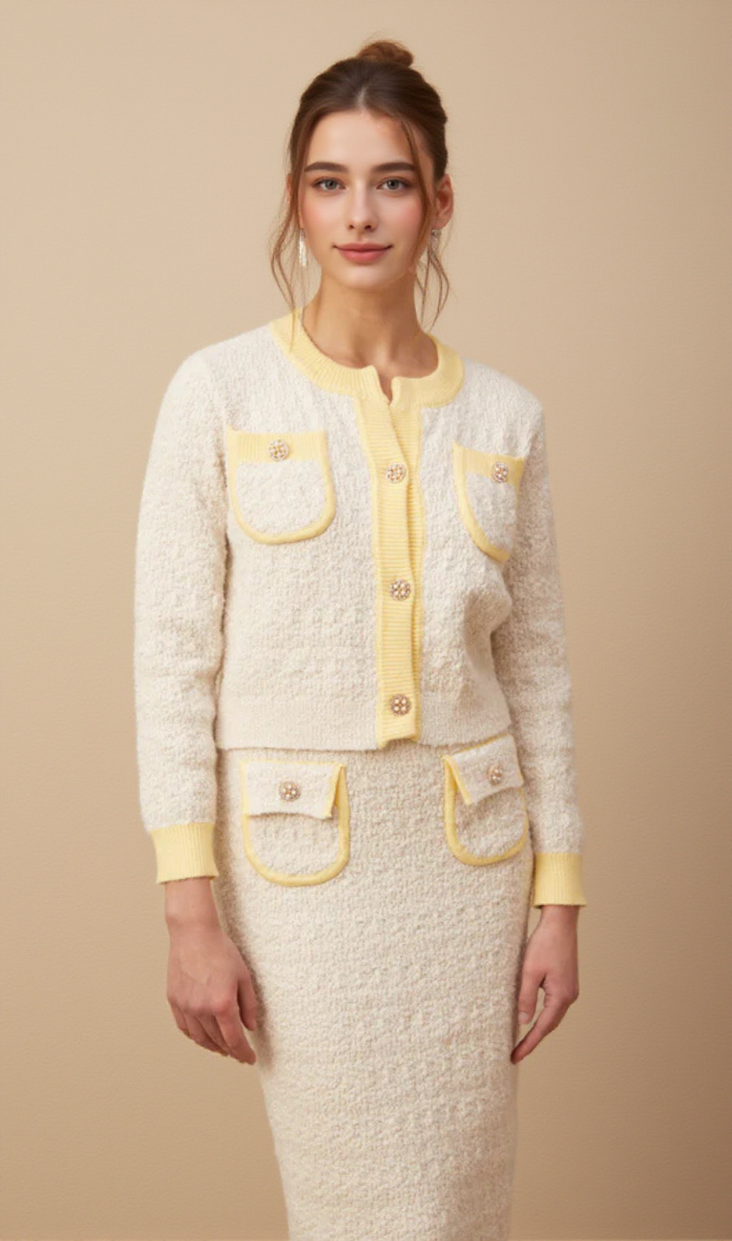 Jessie white textured knit cardigan & skirt matching set