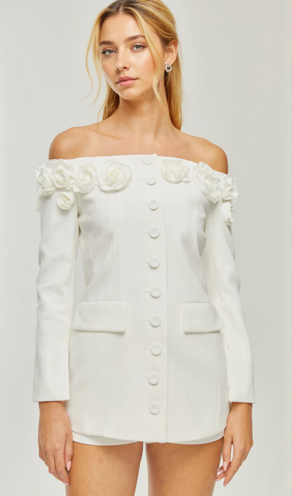 AIIZIE JEANNE FAUX-FLOWER BLAZER DRESS SET IN WHITE - product image