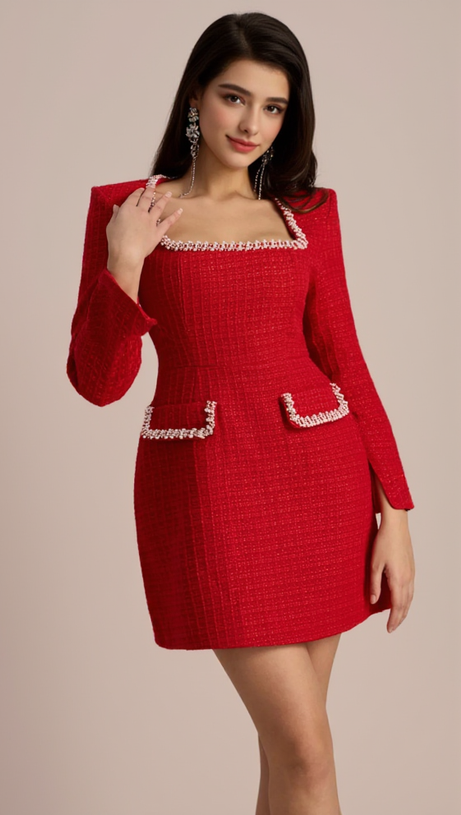 CAMILLA SQUARE NECK TWEED MINI DRESS