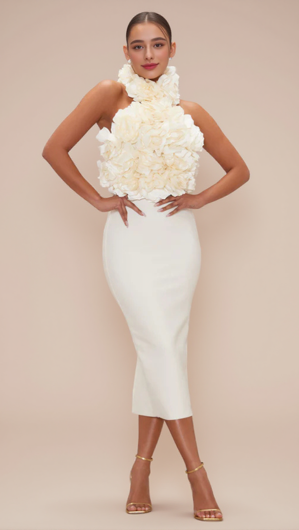 AIIZIE FLOWER BANDAGE MIDI DRESS IN WHITE - product image