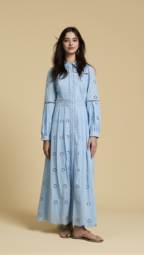 AIIZIE RETRO SINGLE-BREASTED HOLLOW LACE MIDI DRESS IN BLUE - product image