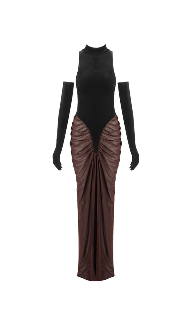 velvet mesh patchwork maxi dress in black